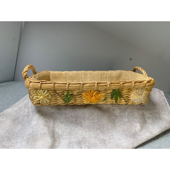 Vintage Handwoven Rattan Storage Basket With Floral Embellishments Handles 11x7 - Picture 10 of 11
